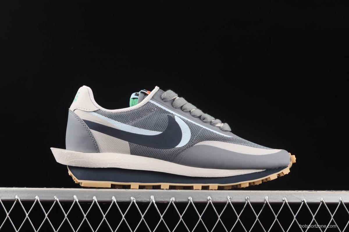 Clot x Sacai x NIKE LDWaffle Cool Grey gray and blue deconstruction tripartite joint name waffle double hook catwalk style casual shoes DH3114-001