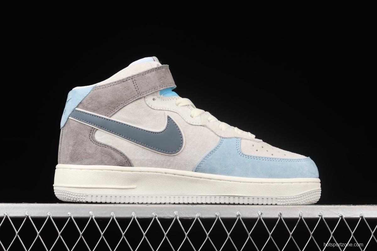 NIKE Air Force 1x 07 Mid light gray and blue suede medium top casual board shoes AL6896-559