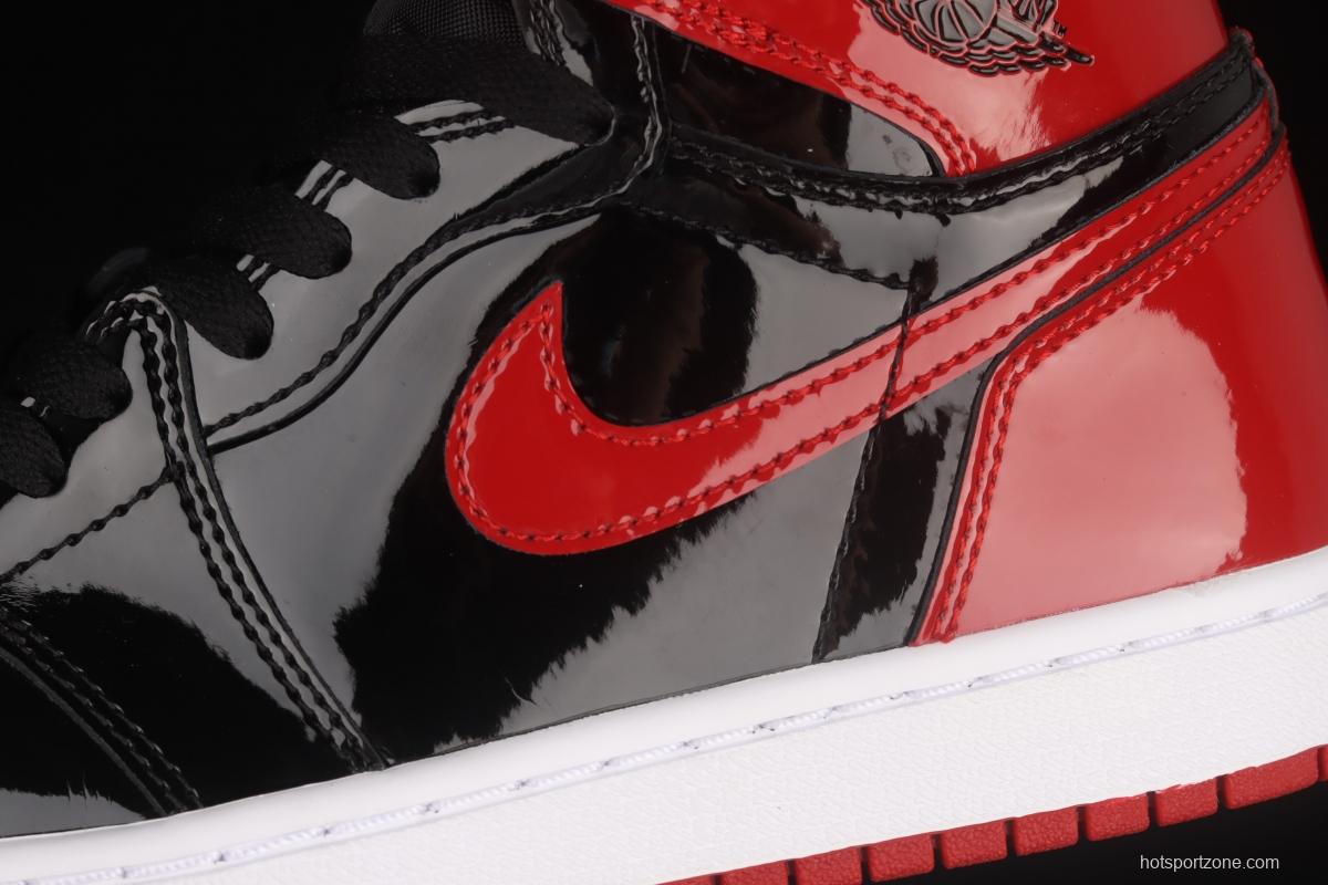 Air Jordan 1 High OG Bred Patent lacquered leather black and red high top basketball shoes 575441-063