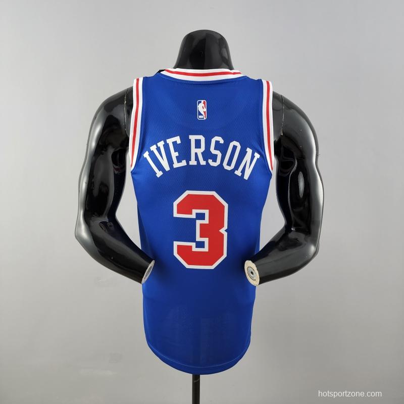 Retro Philadelphia 76ers Iverson #3 Crew Neck Blue NBA Jersey 