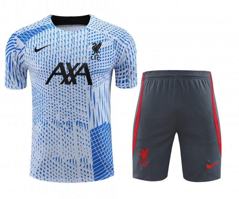 23-24 Liverpool White/Blue Grid Short Sleeve+Shorts
