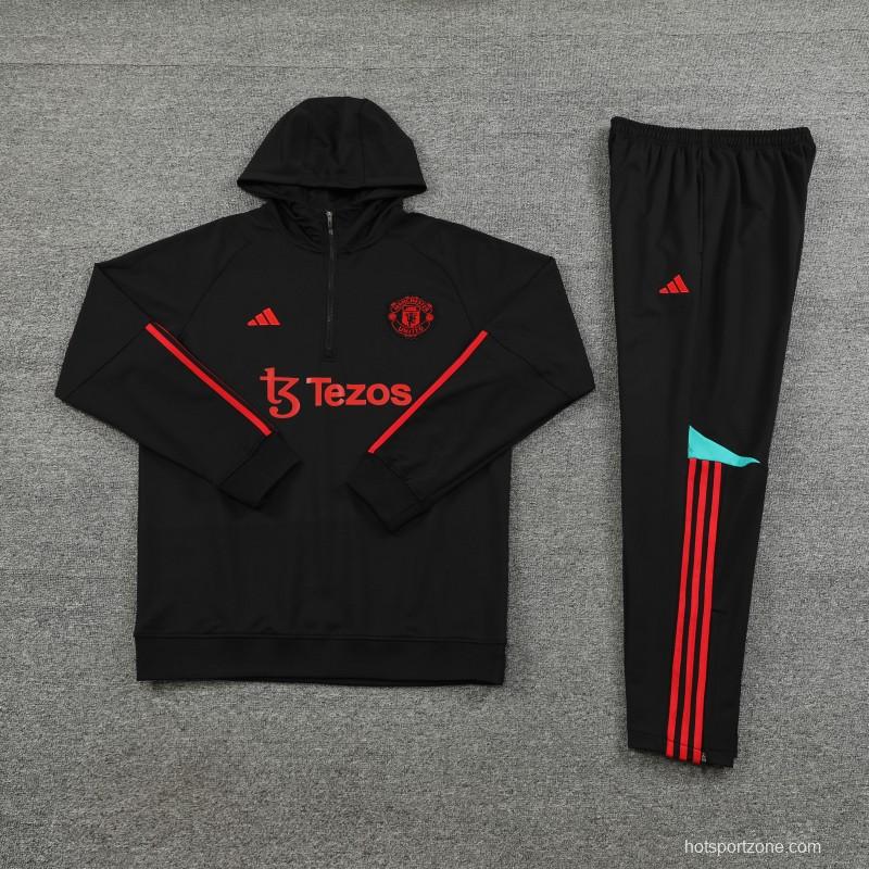 23/24 Manchester United Black Hoodie Half Zipper Jacket+ Pants