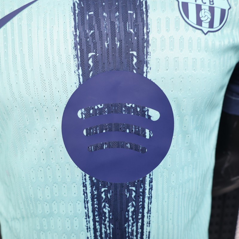 Player Version 25/26 Barcelona Blue 125Th Anniversary Mint Green Jersey with Navy Blue Stripe and Spotify Sponsor