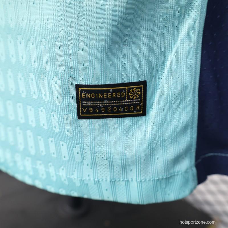 Player Version 25/26 Barcelona Blue 125Th Anniversary Mint Green Jersey with Navy Blue Stripe and Spotify Sponsor