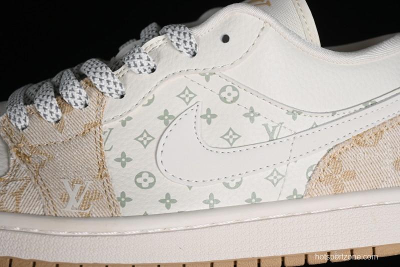 Nike Air Jordan 1 Low LV Collaboration Denim Khaki Customized Casual Sneakers - SJ9950-002