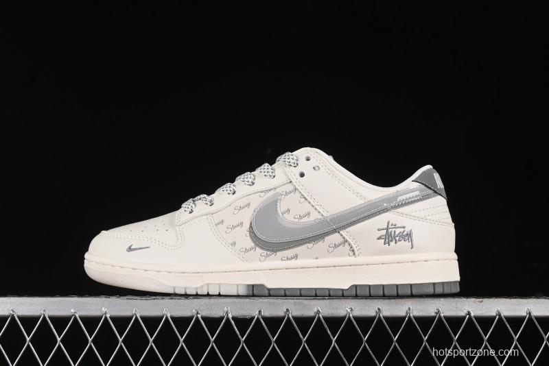 Nike SB Dunk Low Stussy Collaboration - White Grey Double Swoosh Anniversary High-End Custom Low-Top Casual Sneakers - XX2025-206