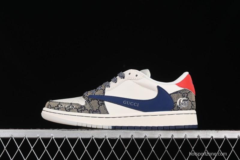 Nike Travis Scott x Fragment Design x Air Jordan 1 Low OG SP AJ1 Gucci Collaboration - Silver Logo Blue Swoosh Low Top Casual Sneakers - XY2688-118