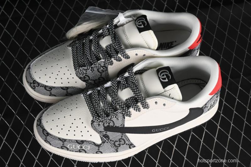Nike Travis Scott x Fragment Design x Air Jordan 1 Low OG SP AJ1 Gucci Collaboration - Black Grey Pattern Low Top Casual Sneakers - XY2688-117
