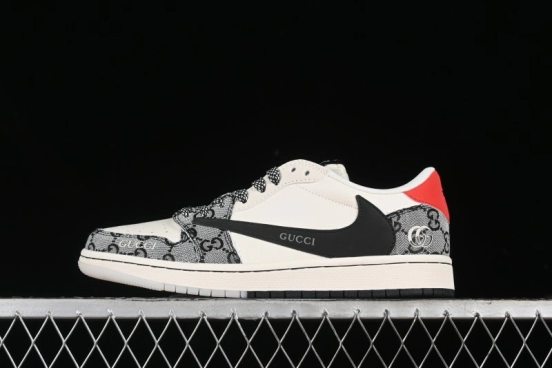 Nike Travis Scott x Fragment Design x Air Jordan 1 Low OG SP AJ1 Gucci Collaboration - Black Grey Pattern Low Top Casual Sneakers - XY2688-117