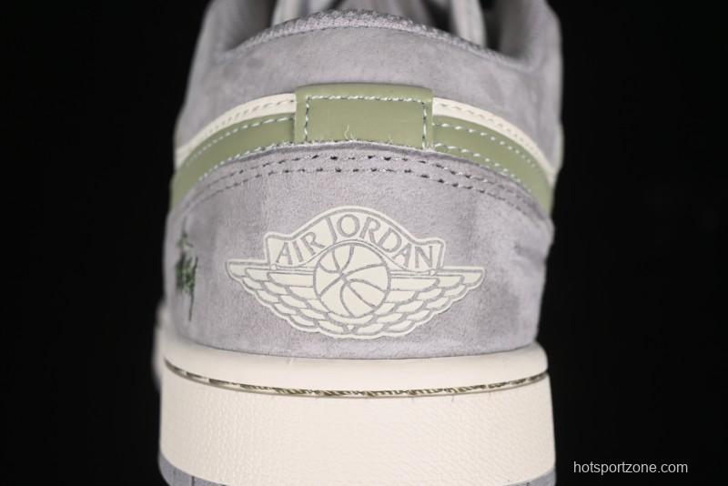 Nike Air Jordan 1 Low Stussy Collaboration - Light Green Elegant Grey Retro Basketball Shoes - WG8850-016