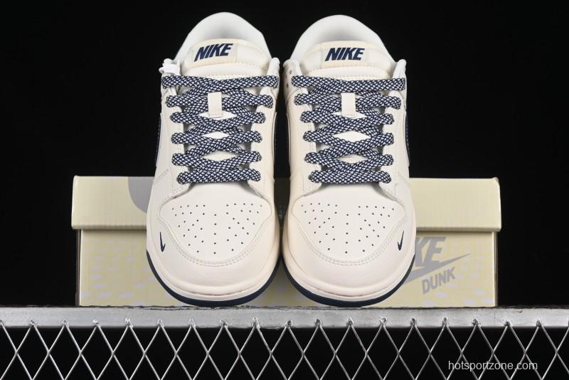 Nike SB Dunk Low Anniversary Premium Custom Low-Top Casual Skate Shoes in Off-White with Navy Blue Swoosh - SJ1089-004
