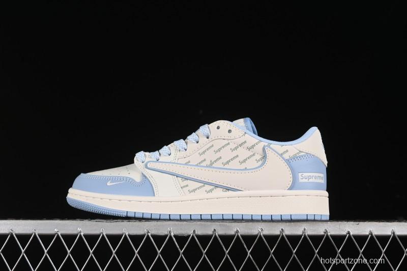 Nike Travis Scott x Fragment Design x Air Jordan 1 Low OG SP AJ1 Supreme Collaboration - White Blue Lettering Low Top Casual Sneakers - XY2688-116