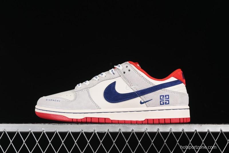 Nike SB Dunk Low Givenchy Collaboration - Gray Blue Red Double Swoosh Anniversary High-End Custom Low-Top Casual Sneakers - CF3688-033