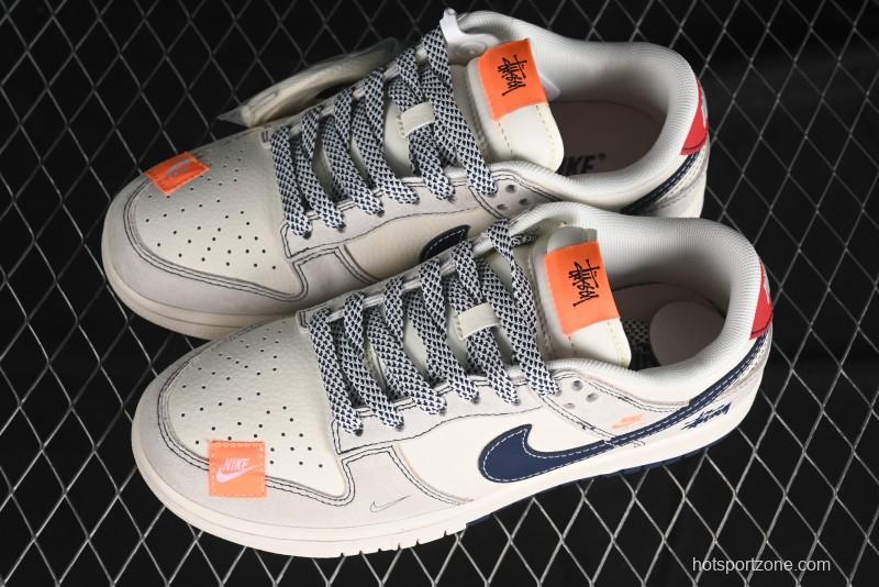 Nike SB Dunk Low Stussy Collaboration - Patchwork Grey White Dark Blue Swoosh Anniversary Custom Low-Top Casual Skate Shoes - MM1089-025
