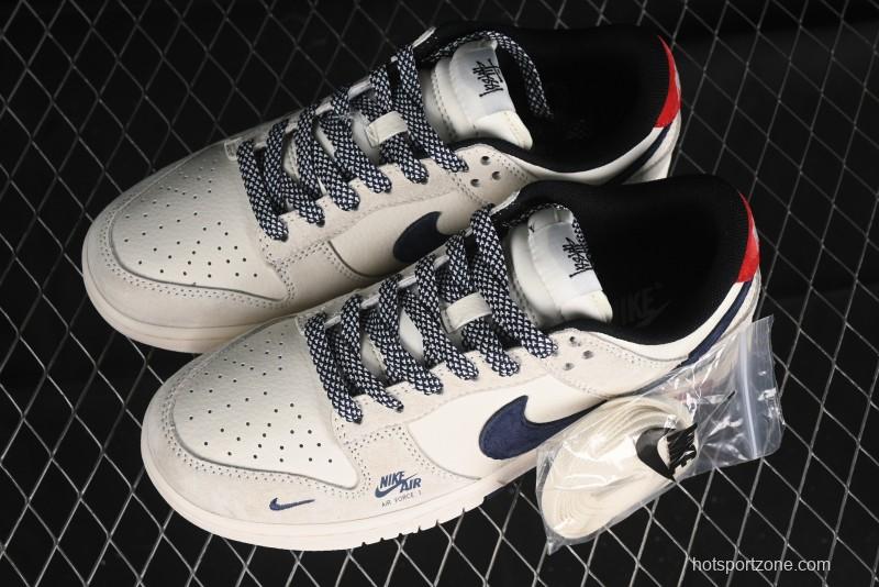 Nike SB Dunk Low Supreme x Stussy Triple Collaboration - Off White Navy Swoosh Anniversary Custom Low-Top Casual Sneakers - SJ2068-301