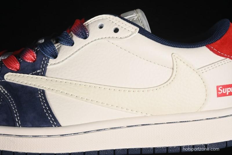 Nike Travis Scott x Fragment Design x Air Jordan 1 Low OG SP AJ1 Supreme Collaboration - Deep Blue Red Culture Casual Sneakers - XY2688-122