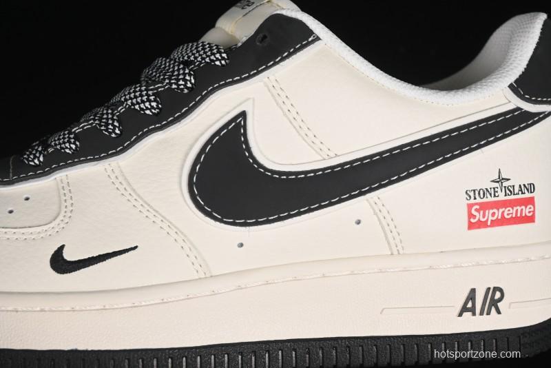 Nike Air Force 1 '07 Low Stone Island x Supreme Collaboration - Off-White Black Heel Casual Sneakers - BB1616-307