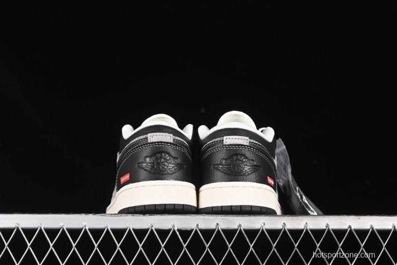 Nike Air Jordan 1 Low Supreme Collaboration - Black Grey Pigskin Two-Tone High-End Custom Retro Basketball Shoes - SJ9950-032