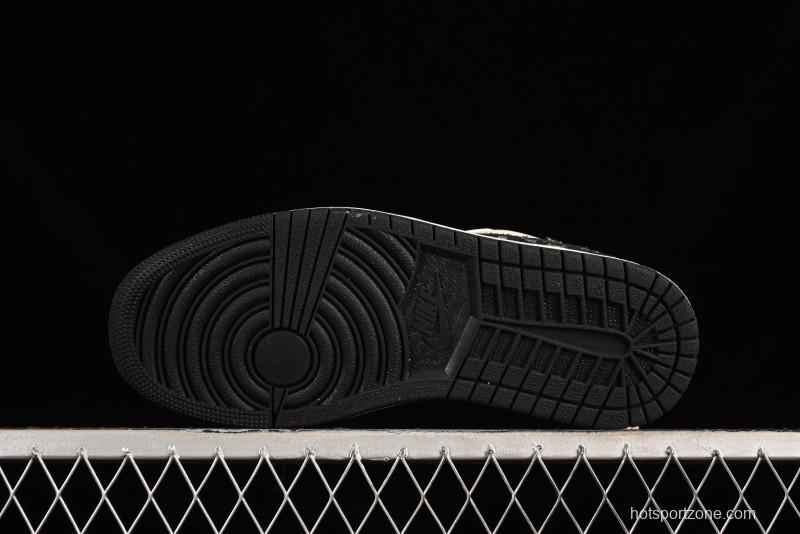 Nike Air Jordan 1 Low OG SP Travis Scott x Fragment Design Black Denim Print Casual Sneakers - SJ2068-005