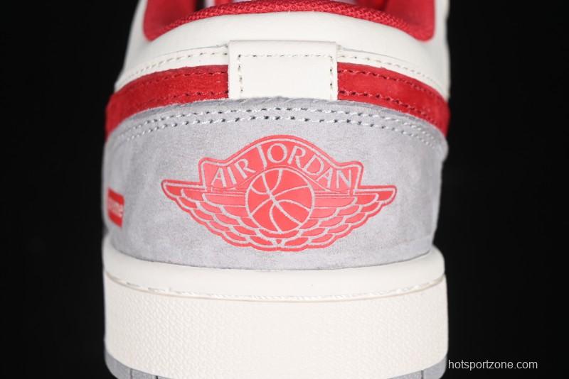 Nike Air Jordan 1 Low AJ1 Supreme Collaboration - White Grey Red Swoosh Retro Basketball Shoes - SJ9950-024