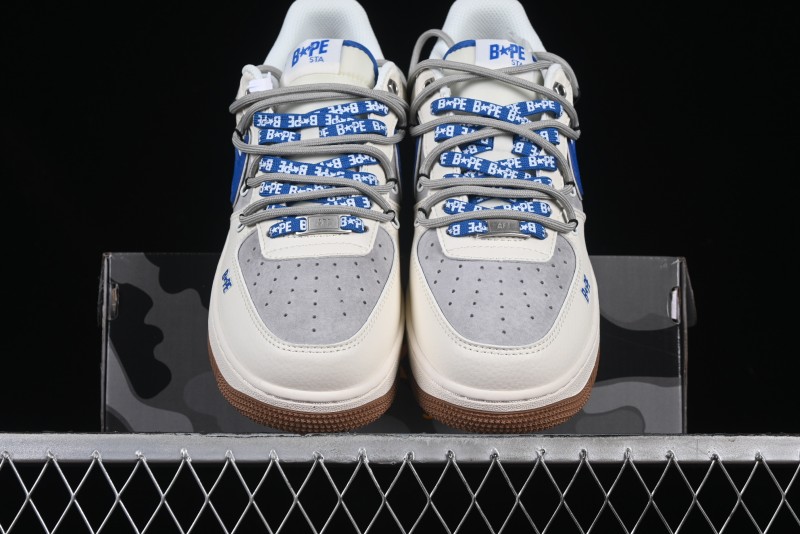 Nike Air Force 1 '07 Low Bape Collaboration Beige Blue Gum Pull Tab Casual Sneakers - SJ1198-112