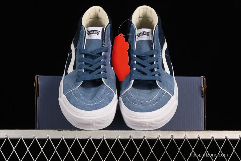 Vans Sk8-Mid Reissue 83 High-End Retro Skate Shoes with Blue Patchwork Suede - VN000CQQDWR