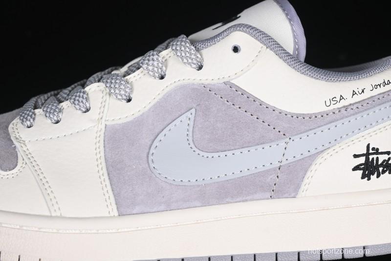 Nike Air Jordan 1 Low Stussy Collaboration - Retro Basketball Shoes in Light Grey - SJ9950-044
