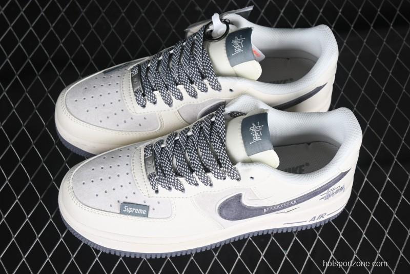 Nike Air Force 1 '07 Low Stussy Collaboration Beige Grey Embroidered Swoosh Low-Top Casual Sneakers - DM6688-003