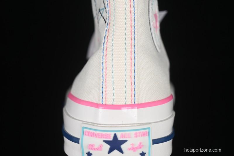 Converse Chuck 1970s High Top Casual Sneakers with Star Stitching and White-Pink-Blue Mismatched Design - A15744C