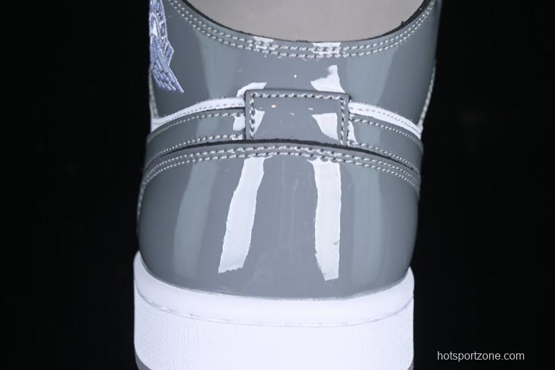 Nike Air Jordan 1 Mid AJ1 High-Top Basketball Shoes in White Grey Patent Leather - HF3216-100