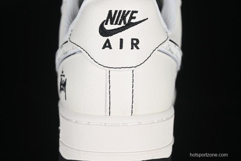 Nike Air Force 1 '07 Low Stussy Collaboration Beige Black Floral Swoosh Casual Sneakers - HH7518-040