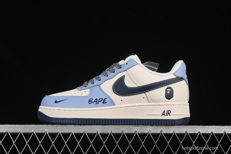Nike Air Force 1 '07 Low Bape Collaboration Light Blue Swoosh Casual Sneakers - XS1958-554