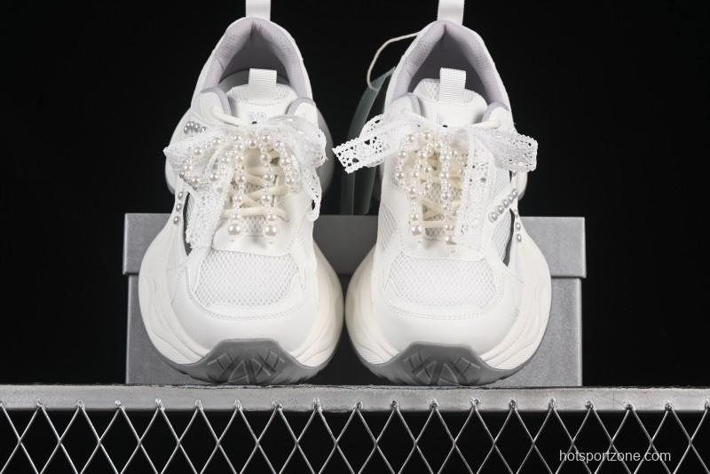 GG-CC Lace Pearl Chain Casual Platform Dad Shoes - 250310 White