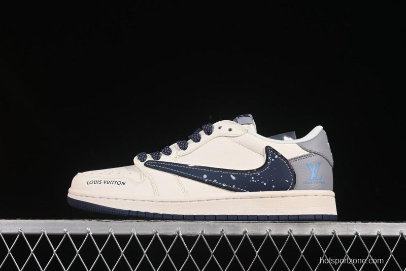 Nike Travis Scott x Fragment Design x Air Jordan 1 Low OG SP Sneakers with Splatter Blue Swoosh - ZH2598-242