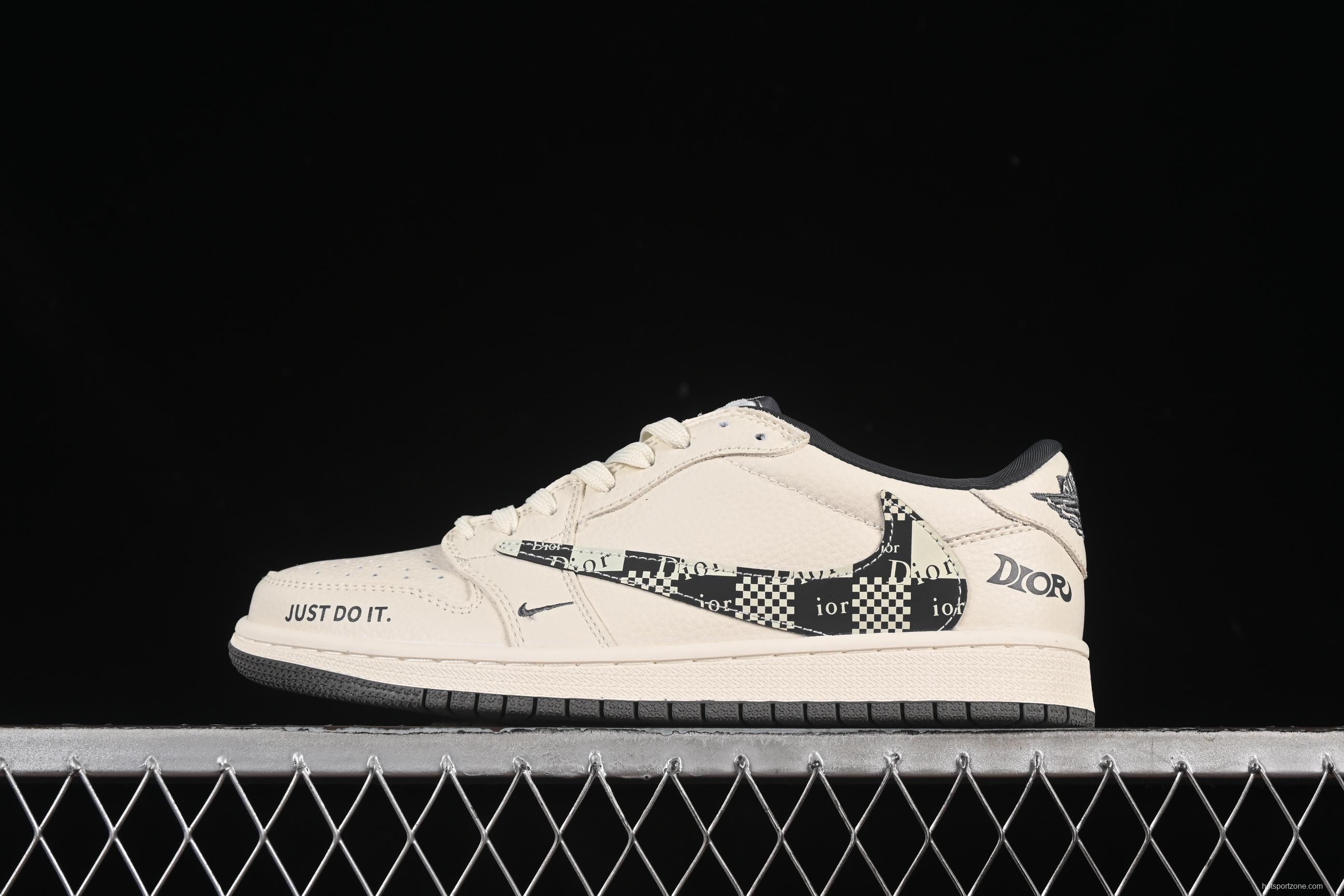 Nike Travis Scott x Fragment Design x Air Jordan 1 Low OG SP AJ1 Dior Collaboration Black Check Swoosh Low-Top Casual Sneakers - LD2025-021