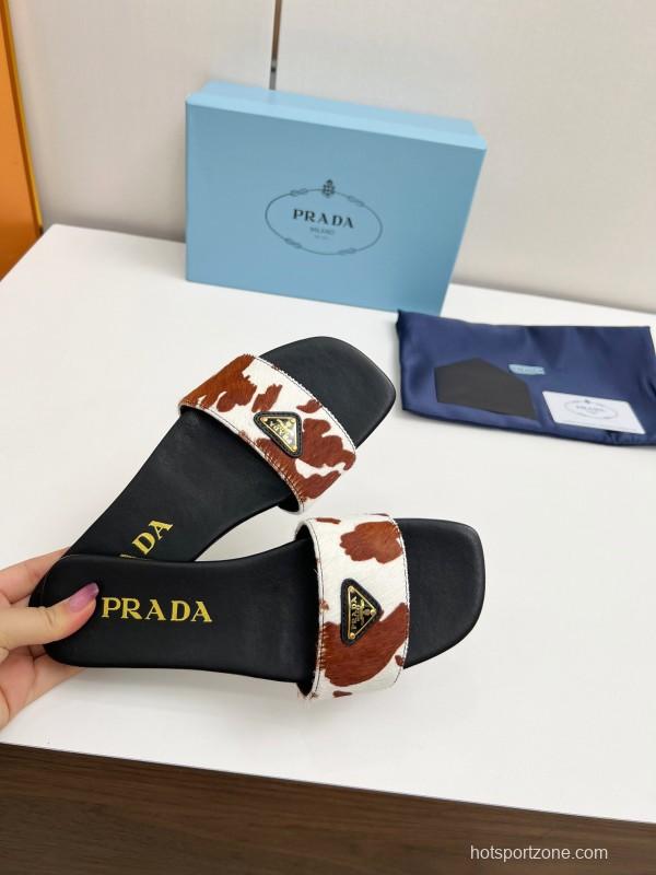 2025 Women Prada Brown White Calf Hair Leather Slippers LY00220