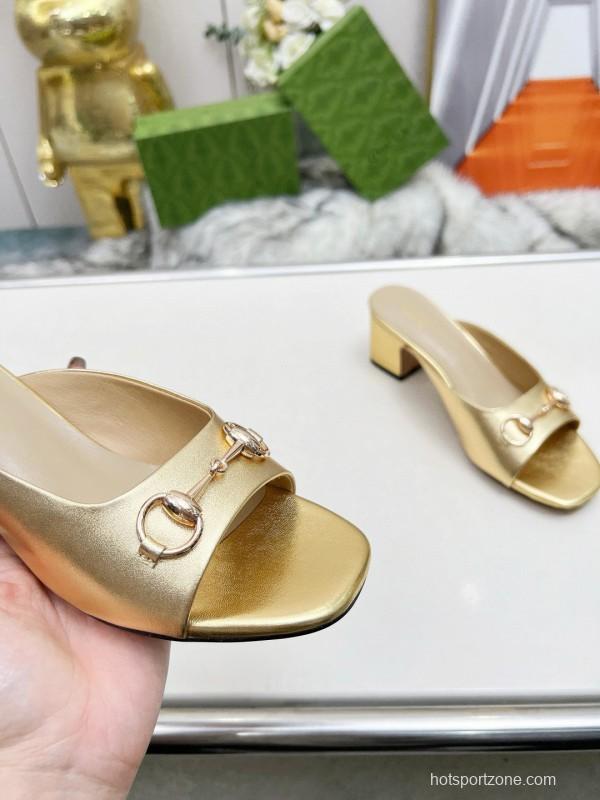 2025 Women Gucci Gold Leather Heeled Slip-On Horsebit MJ00180
