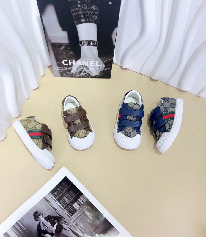 2024 Kids Gucci Brown Navy Canvas Leather Kids Shoes