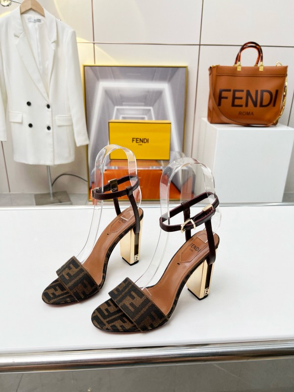 2025 Women Fendi Brown Leather Suede High Heel Sandals