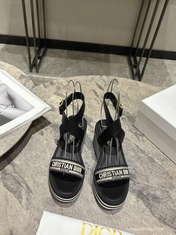 2025 Women Dior Black Leather Sandals Christian Dior Logo KFY00280