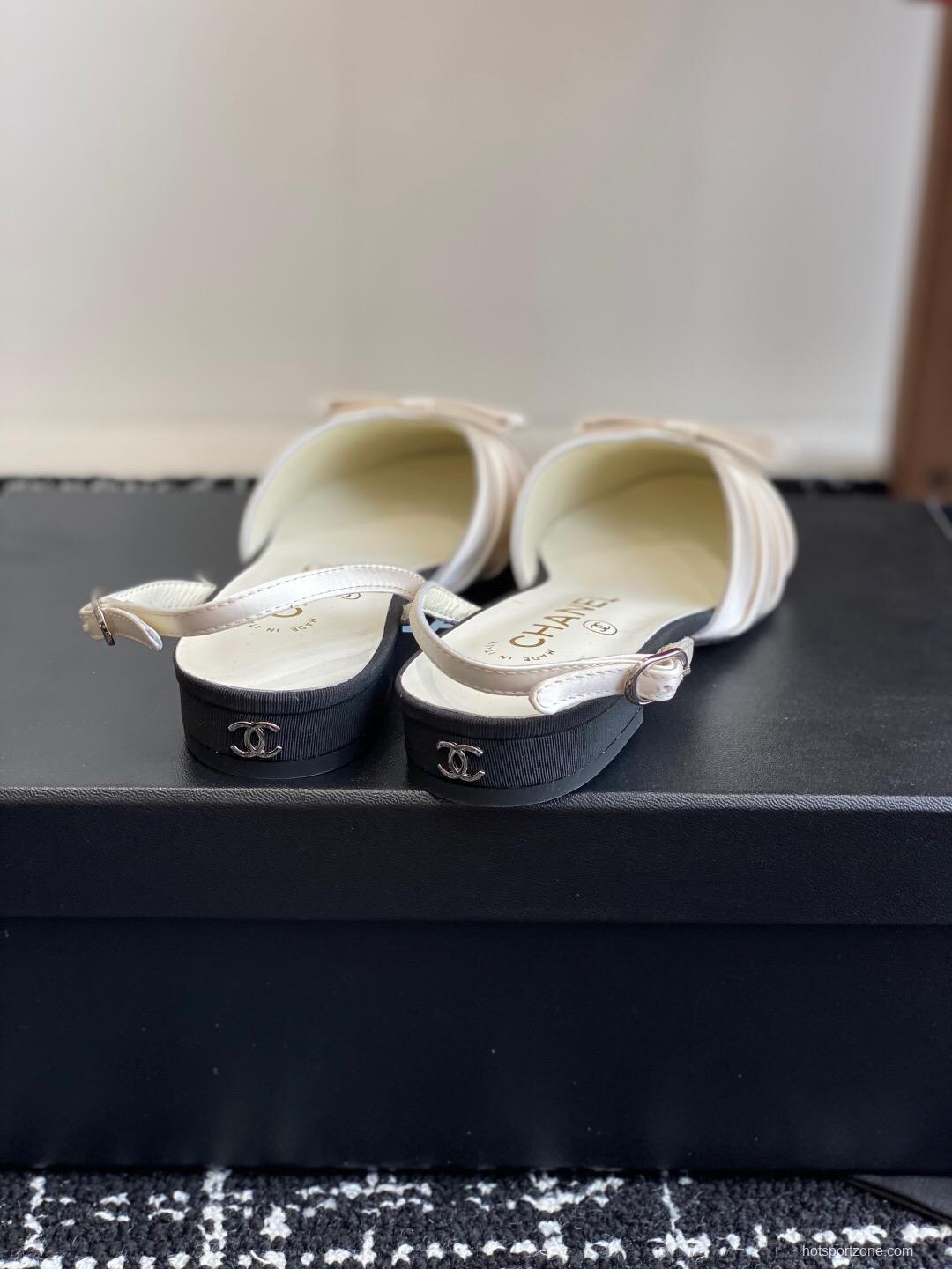 2025 Women Chanel Black Beige Silk Leather Sandals Bow KFY00289