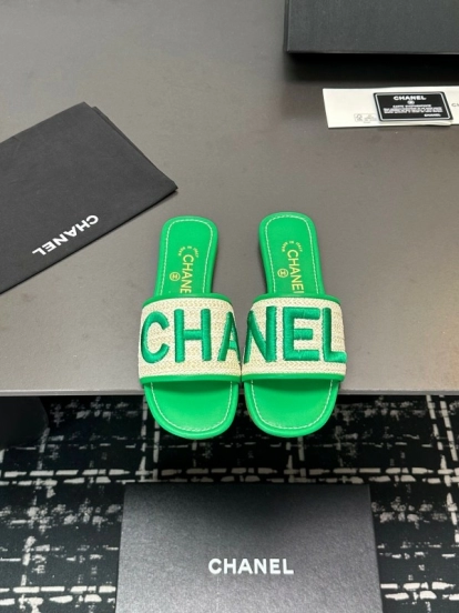 2025 Women Chanel Green Canvas Slippers