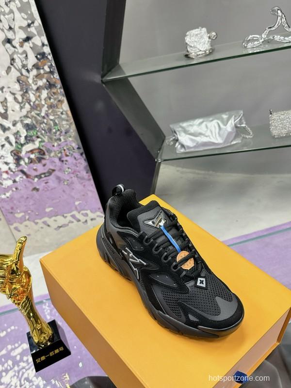 2025 Men Louis Vuitton Black Mesh Leather Sneakers MJ00420