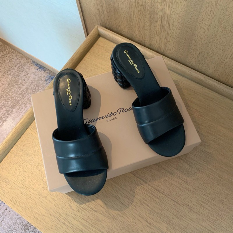 2025 Women Gianvito Rossi Black Leather Slippers KFY00260