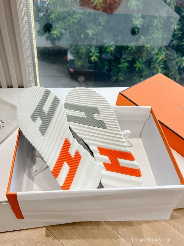 2024 Unisex Hermès Gray White Orange Calfskin Suede Sneakers MJ00290