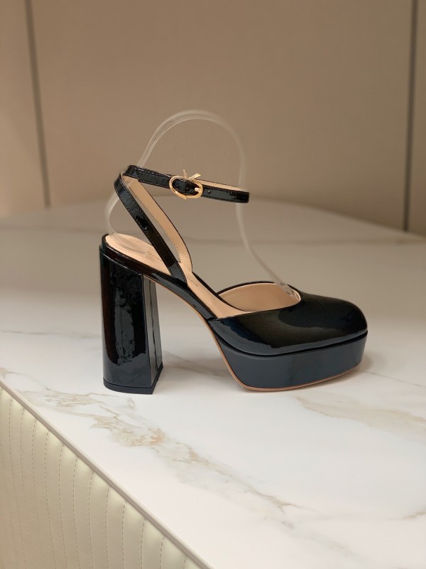 2025 Women Gianvito Rossi Black Patent Leather Platform Sandals KFY00340