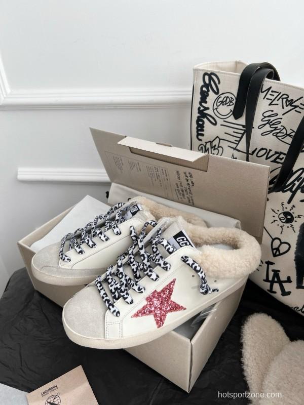 2024 Unisex GGDB White Pink Glitter Suede Leather Fur Slippers MJ00280