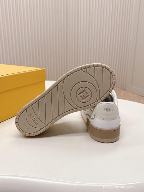 2025 Unisex Fendi White Beige Leather Plimsolls FF Logo LY00350(F)/LY00360(M)