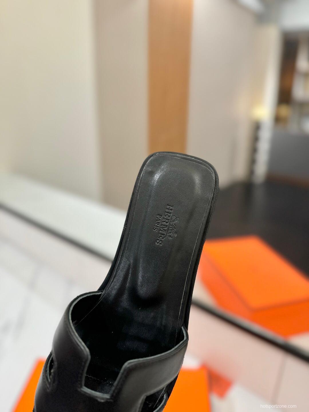 2025 Women Hermès Black Leather Slippers