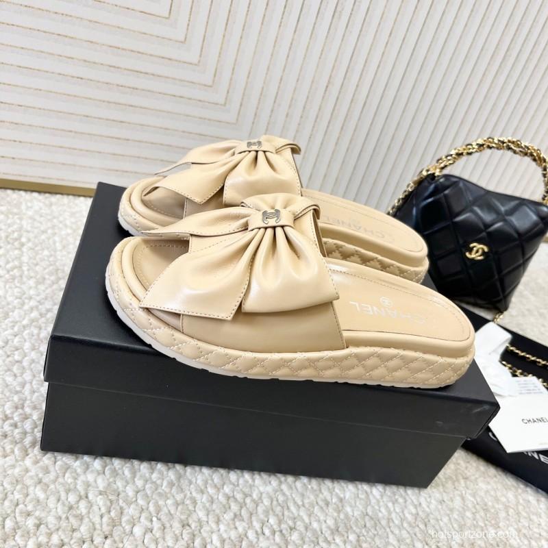 2025 Women Chanel Beige Leather Slippers Bow KFY00310